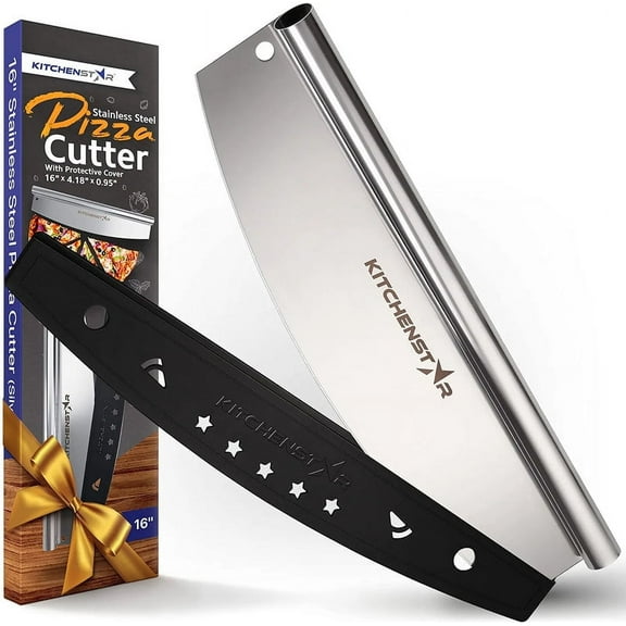 16" Pizza Cutter by KitchenStar | Sharp Stainless Steel Slicer Knife - Rocker Style w Blade Cover | Chop and Slices Perfect Portions + Dishwasher Safe