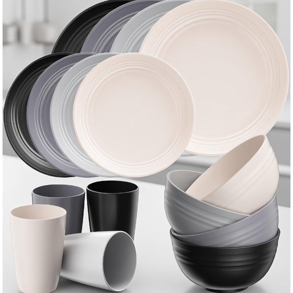 16 Plastic Dinnerware Set for 4, Unbreakable Plates and Cups, Dishwasher Microwave Freezer Safe