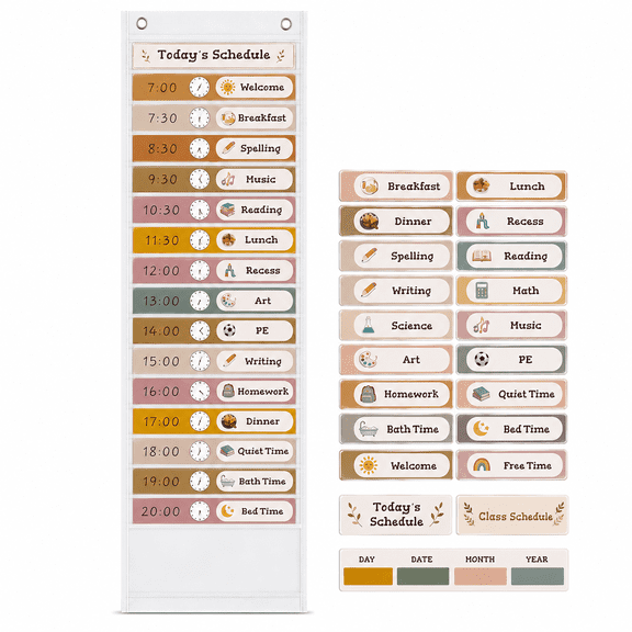 16-Pocket Daily Schedule Chart with 24 Double-Sided Cards, Boho White, 39.7 x 13 in