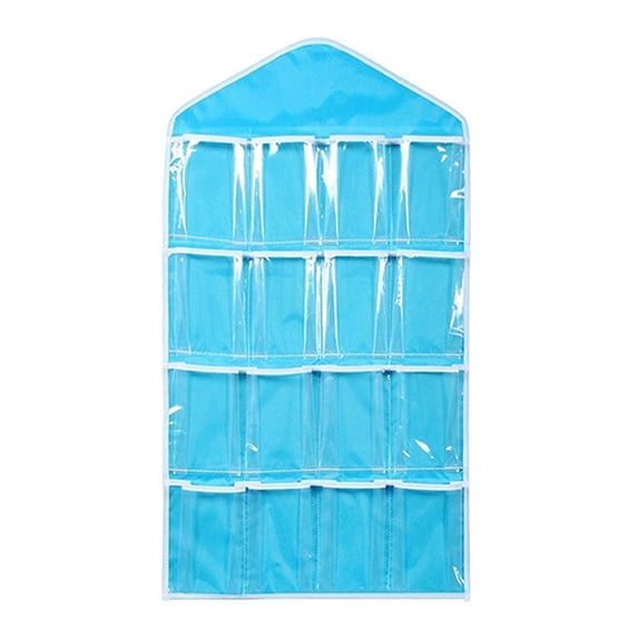 16 Pockets Clear Over Door Hanging Bag Shoe Rack Hanger Underwear Socks Bra Closet Storage Tidy Organizer (Blue)