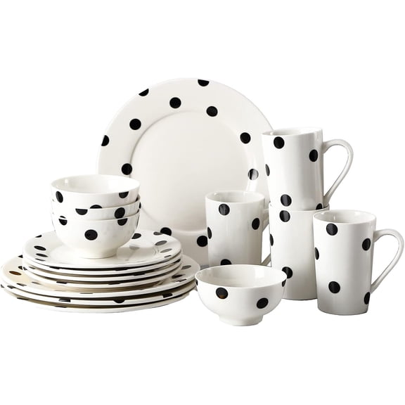 16-  Polka Dot Dinnerware Set for 4, Modern Porcelain Plates and Bowls Set, Ceramic Dish Set with Mugs, Dishwasher & Microwave Safe, Elegant Kitchen  - White