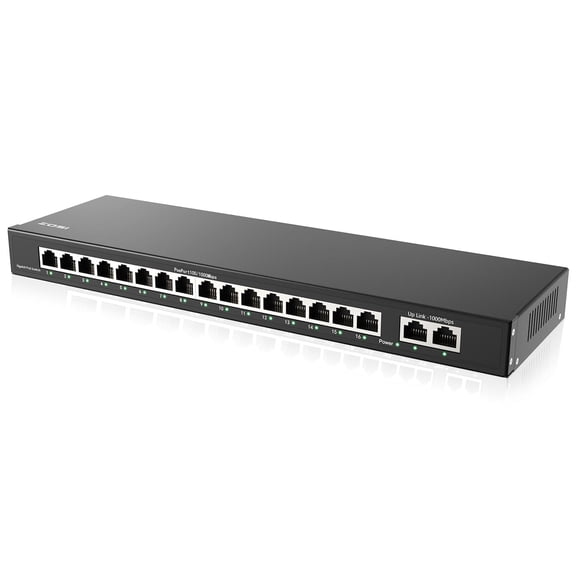 16 Port Gigabit PoE Switch with 2 Gigabit Uplink Ports, 156W, IEEE802.3af/at, Unmanaged Ethernet Switch, Plug & Play, Sturdy Metal Casing, Desktop/Wall Mount