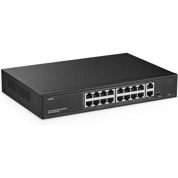 16 Port PoE Switch with 2 Gigabit Uplink, 10/100Mbps PoE+ Ports, 100/1000Mbps Uplink, IEEE802.3af/at, Max 200W, VLAN & PoE Extend 250m, Metal RackMount Fanless Unmanaged Ethernet Switch