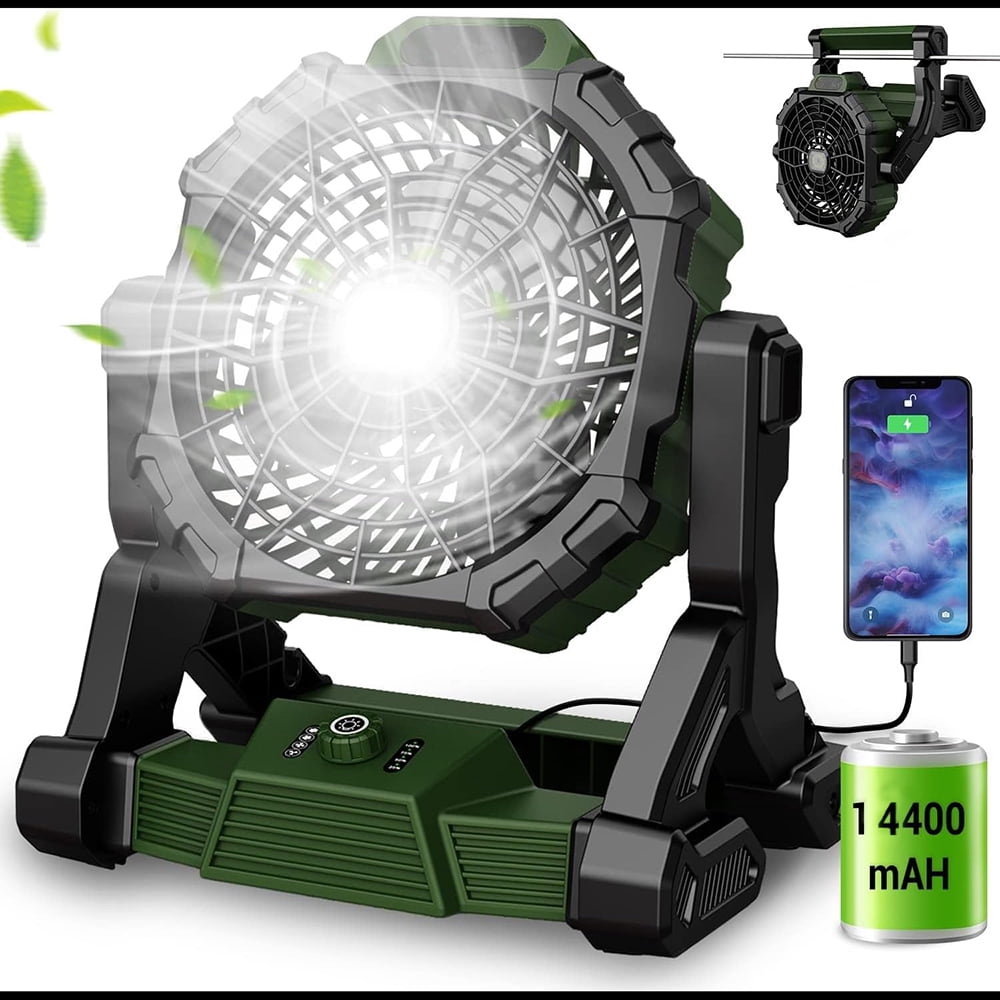 16'' Portable Camping Fan for Tents with Led Light, 14400mAh Rechargeable Cordless Battery Operated Fan for Camping, Outdoor Fan for Picnic, BBQ, Fishing, Travel
