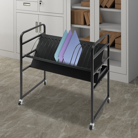 16 Position Laptop Tablet Charging Cart, Mobile Storage Cart with Wheels Fits 14" Devices, 1.2" Thick Open Design, Steel Frame for Classroom, Office, Library Black