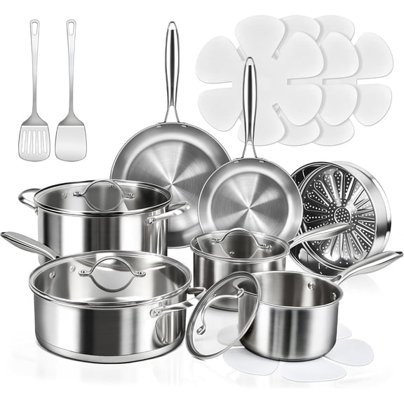 16- Pots and Pans Set, Tri-Ply Stainless Cookware Set with , Kitchen Cooking Set, Dishwasher-Friendly, Induction-Ready, Even Heating, , Compatible with Cooktops