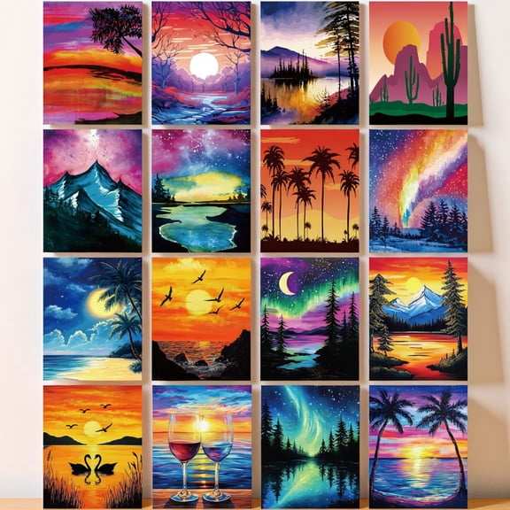 16 Pre Drawn Canvas to Paint, Sunset Landscape Design, Stretched Printed Canvas Set, 8 x 10 Inch DIY Painting Kit for Adults with Color Reference Cards