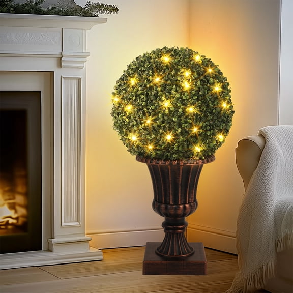 16” Pre-Lit Artificial Topiary Plant with Lights, Timer and Remote Control, Artificial Outdoor Porch Trees with Light Base for Outdoor Indoor