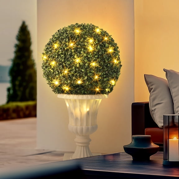 16” Pre-Lit Artificial Topiary Plant with Lights, Timer and Remote Control, Artificial Outdoor Porch Trees with Light Base for Outdoor Indoor