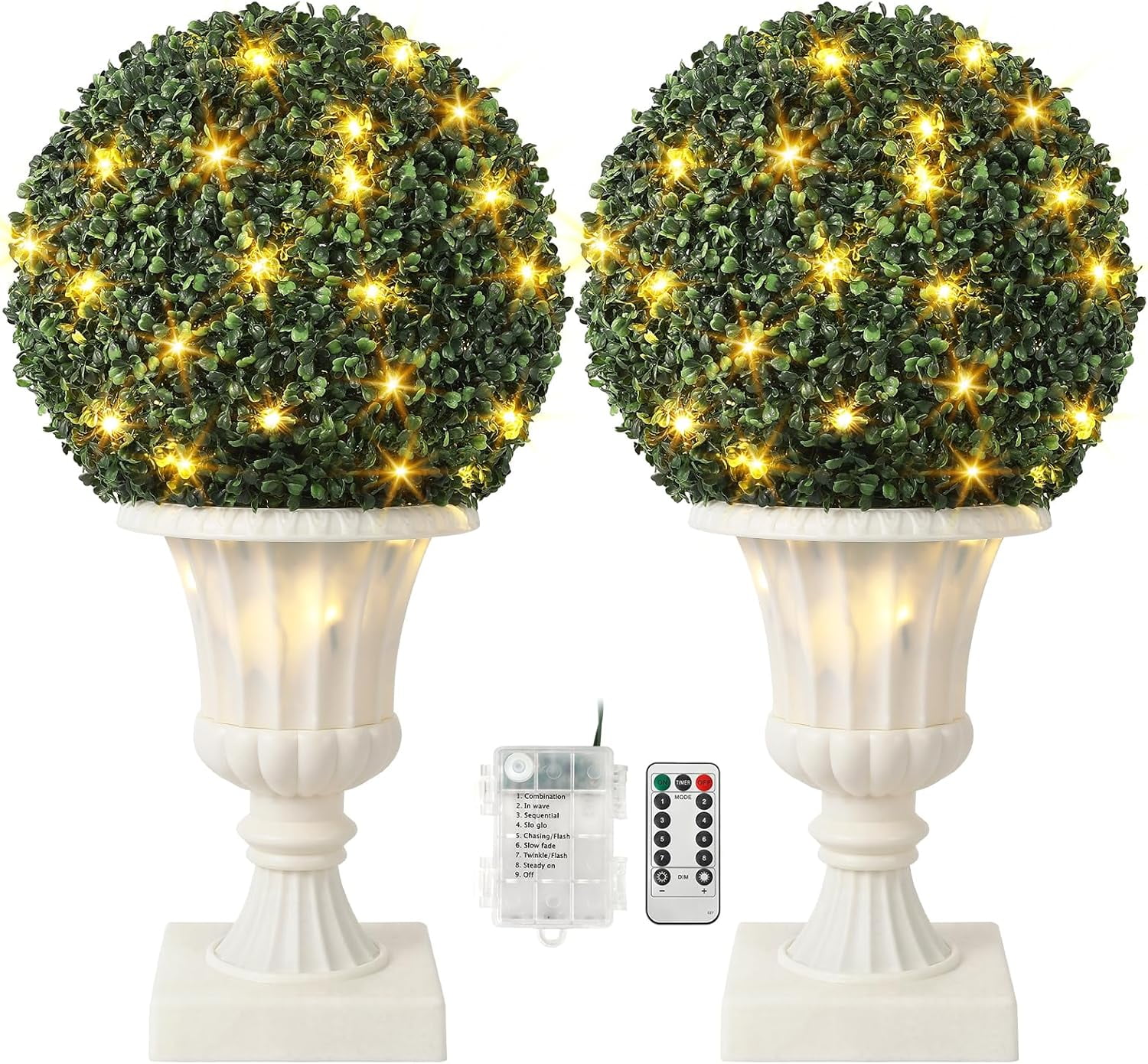 16 in Pre-Lit Faux Boxwood Balls with Sturdy Pot Base,Artificial Topiary Trees 2 Pack for Outdoor,UV Resistant & Waterproof Fake Greenery Plants Ball Tree for Front Porch Garden Home Decor,White