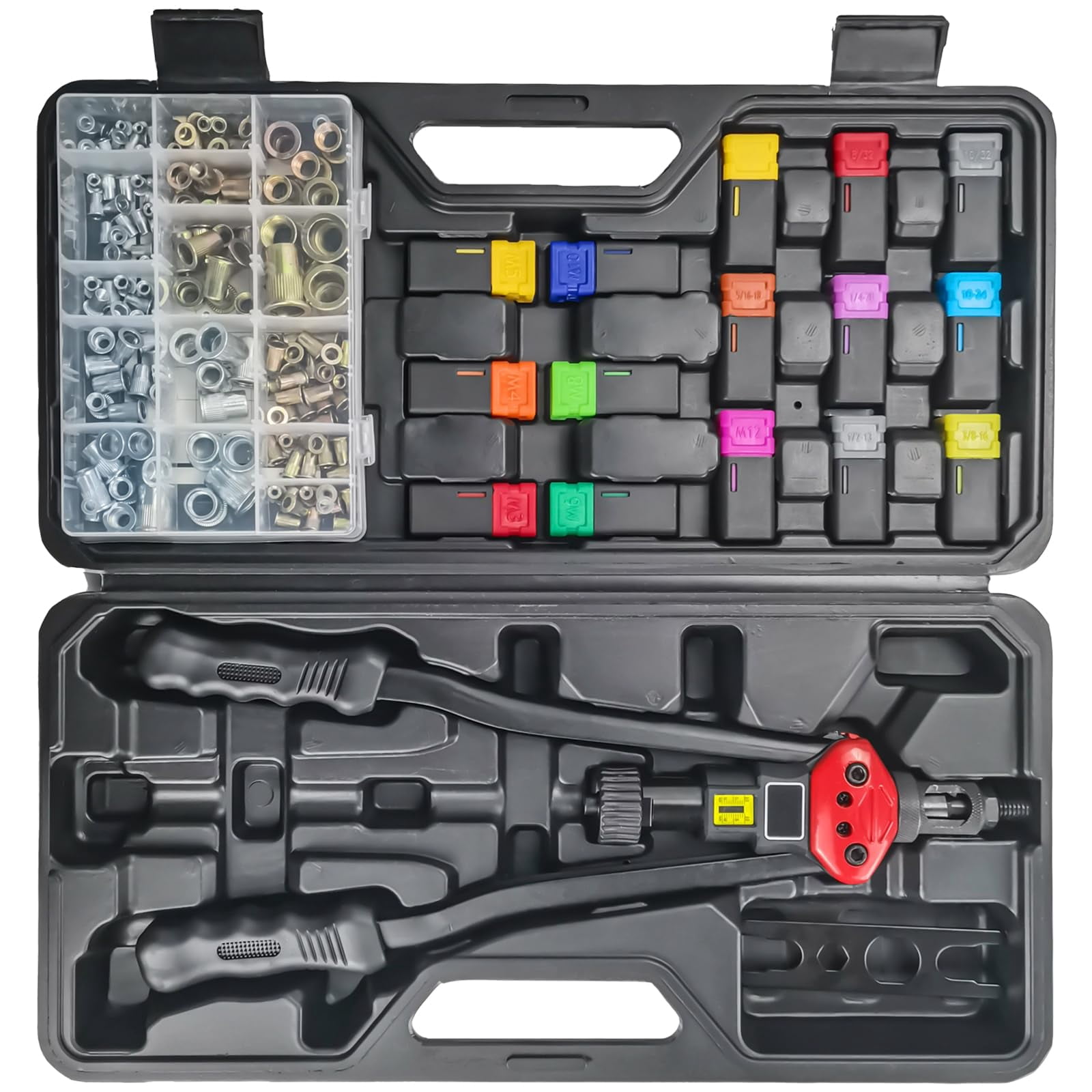 16" Professional Rivet Nut Tool Kit - Lever-style Rivnut With Visual Stroke  Nutsert Includes 15 Metric & Sae Mandrels For Threaded Inserts