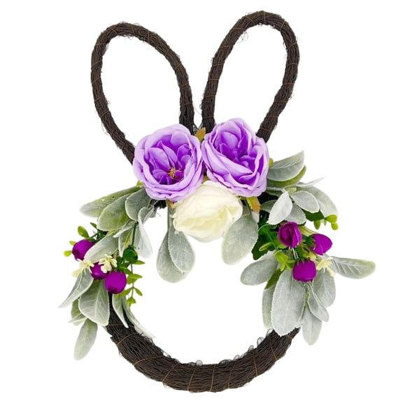 16" Purple Easter Bunny Wreaths Artificial Flower Decor - Rattan Spring Door Hangers - Rustic Farmhouse Wall Art - Girl Room Props - Festive Easter Holiday Party Sweet Seasonal Purple Decorations