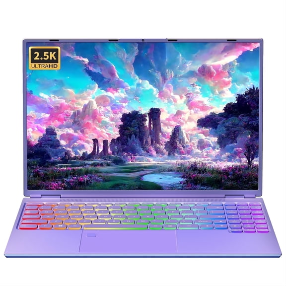 Fsjun 16" Purple Laptop, Color Backlit Keyboard, Fingerprint, (Win 11 Pro + Office 2019), Celeron N5095, 12GB DDR4 RAM, 512GB SSD, 2K FHD IPS Display – Lightweight Laptop for Study & Work