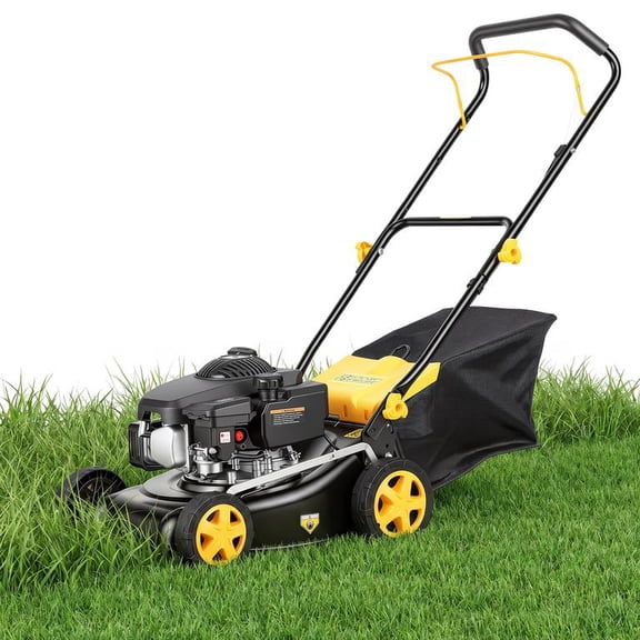 16" Push Lawn Mower with 4-Stroke 132CC Engine, 8-Position Cutting Height 25-75mm, 45L Grass Bag, 400mm Cutting Width for Home & Commercial Use