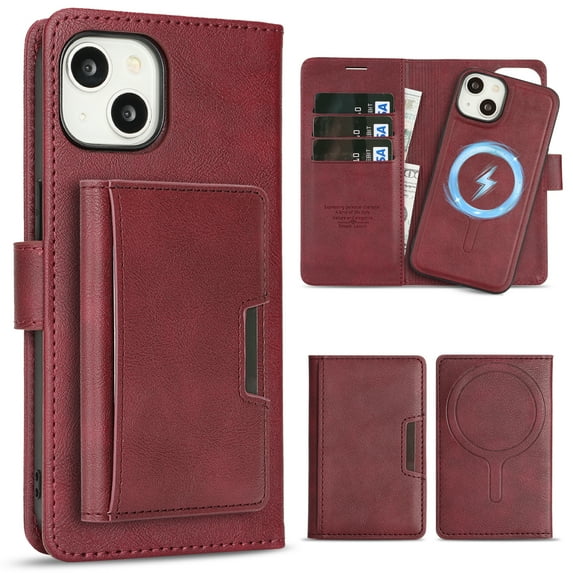 Allytechgroup 3 in 1 Wallet Case for Apple iPhone 15 Plus, Detachable Back Cover & Cards Holder Compatible with Mag-safe Shockproof RFID Blocking Stand Phone Case for iPhone 15 Plus, Red