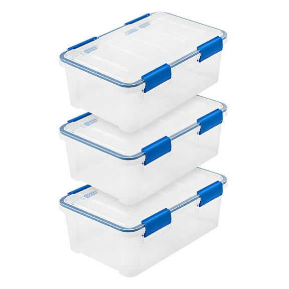 WeatherPro 16 Quart Storage Containers with Lids, 3 Pack BPA-Free Plastic Tote Bins, Airtight Seal for Moisture Dust Protection, Stackable Nestable Design, Clear Blue