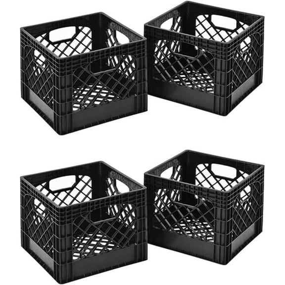 16 Quart Storage Crate, Milk Crate Plastic Basket w/ 4 Handles, Organizer Bins for Office Storage & Classroom Organization, 4-Pack, Black