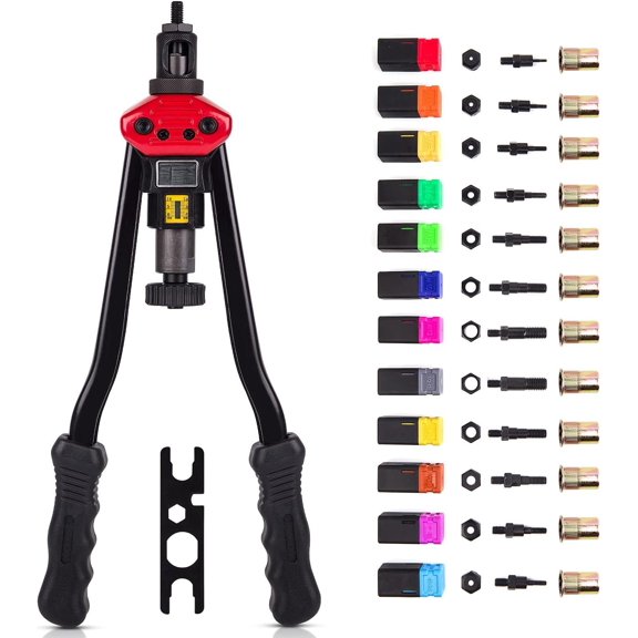 16" RIVET NUT TOOL Hand Blind Riveter,RIVNUT Riveting Tools with Nut Setting System M3 M4 M5,m6,m8,m10 M12, 10-24, 1/4-20, 5/16-18,3/8-16,totally 11 mandrels+110PCS Rivets Nuts (17" RIVET )