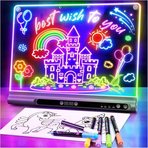 Kids Toys 16" Rechargeable LED Glow Drawing Board – 9 Vibrant Colors, Built-in Stand & Timer, Includes 6 Markers + Tracing Book, Creative STEM Art Gift for Boys & Girls