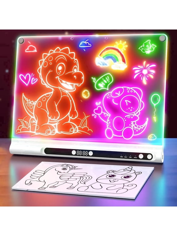 16" Rechargeable LED Drawing Board for Kids, 9 Neon Colors, Built-in Timer & Stand,with 6 Markers, Christmas & Birthday Gifts for Boys and Girls Ages 4-12(White)