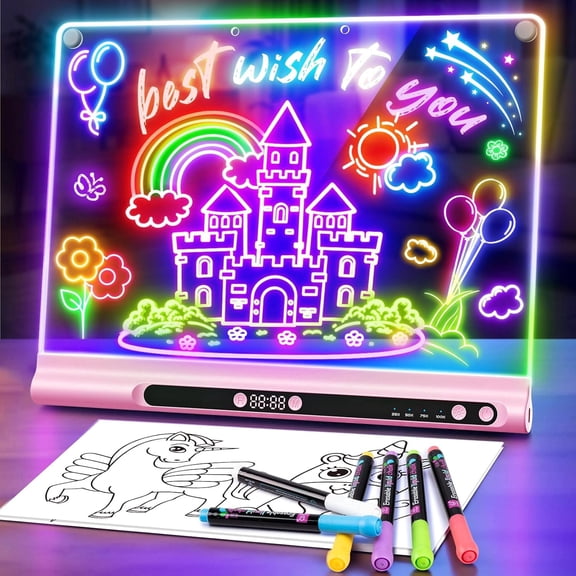 16" Rechargeable LED Drawing Board with Timer & 9-Color Adjustable Neon Glow – Includes 6 Markers, Dry Erase Light-Up Memo Board with Stand for Kids, Family & Office (pink)