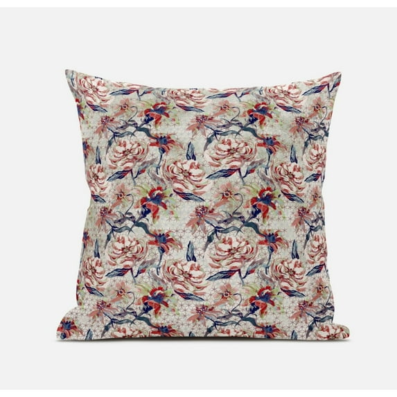 16" Red Light Indigo Roses Zippered Suede Throw Pillow
