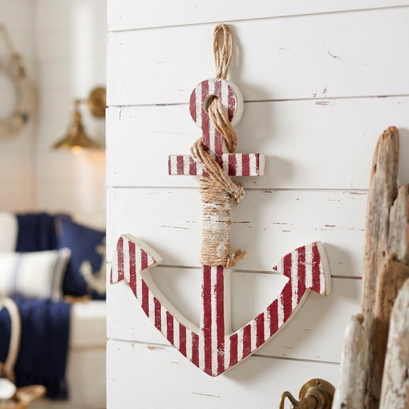Northlight Striped Nautical Anchor with Rope Hanging Wall Decoration - 25" x 12.5 - Red and White