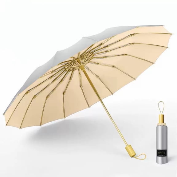 16-Rib Windproof Folding Umbrella with Titanium Silver UV Protectio, Sun & Rain Compact Travel Umbrella with Non-Slip Matte Handle