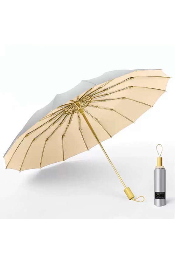 16-Rib Windproof Folding Umbrella with Titanium Silver UV Protectio, Sun & Rain Compact Travel Umbrella with Non-Slip Matte Handle