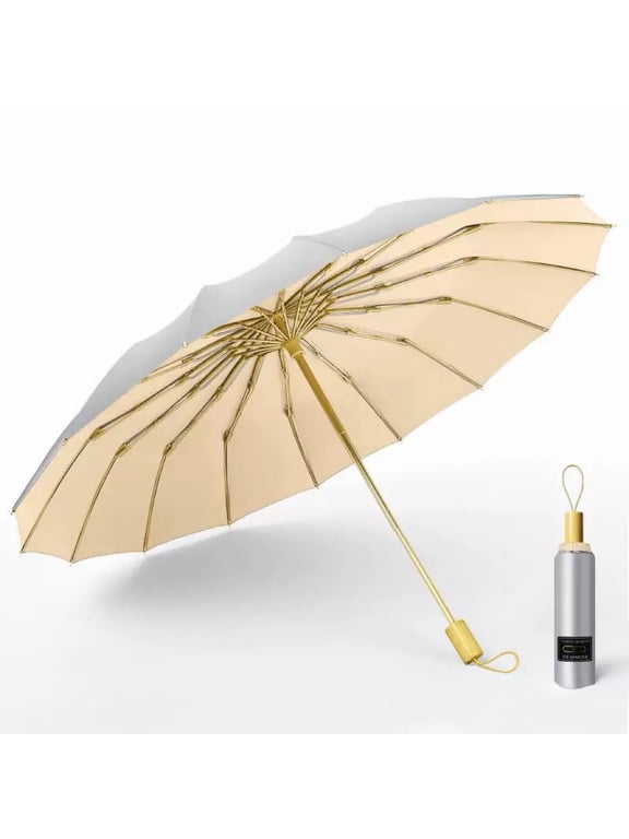 16-Rib Windproof Folding Umbrella with Titanium Silver UV Protectio, Sun & Rain Compact Travel Umbrella with Non-Slip Matte Handle