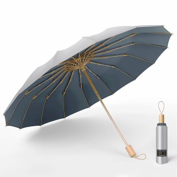 16-Rib Windproof Folding Umbrella with Titanium Silver UV Protectio, Sun & Rain Compact Travel Umbrella with Non-Slip Matte Handle