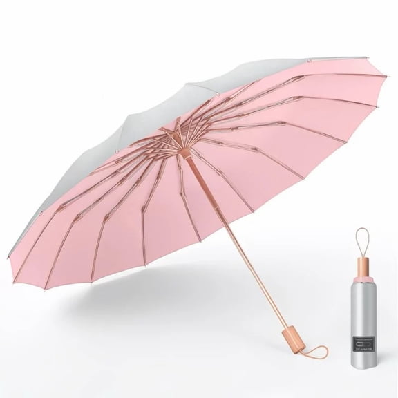 16-Rib Windproof Folding Umbrella with Titanium Silver UV Protectio, Sun & Rain Compact Travel Umbrella with Non-Slip Matte Handle