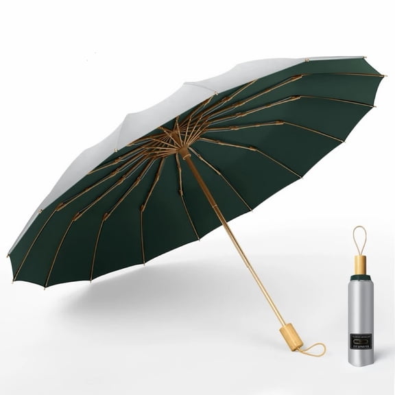 16-Rib Windproof Folding Umbrella with Titanium Silver UV Protectio, Sun & Rain Compact Travel Umbrella with Non-Slip Matte Handle