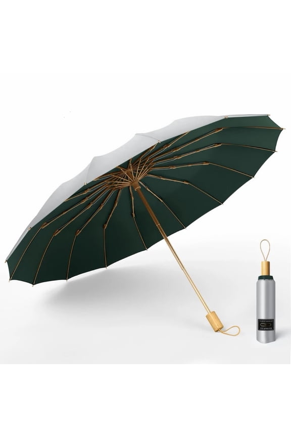 16-Rib Windproof Folding Umbrella with Titanium Silver UV Protectio, Sun & Rain Compact Travel Umbrella with Non-Slip Matte Handle