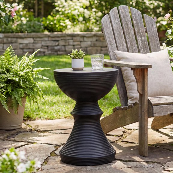 16" Ribbed Black Concrete Outdoor Side Table with Hourglass Design – Weather-Resistant Accent for Patio, Garden, or Balcony