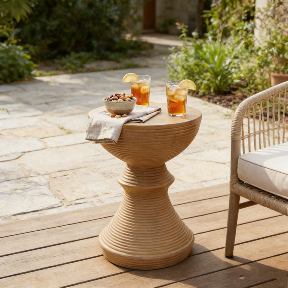 16" Ribbed Concrete Outdoor Side Table with Hourglass Design – Weather-Resistant Accent Table for Patio, Garden, Balcony, Deck, Poolside, Modern Sculptural End Table