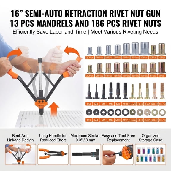 16" Rivet Nut Tool Kit, 13 Metric & SAE Mandrels with 186PCS Rivet Nuts, Semi-Auto Retraction, Heavy Duty
