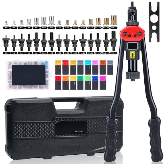 16" Rivet Nut Tool Kit  Heavy-duty Rivnut/nutsert With 7 Mandrels (m6 M8 M10 1/4"-20*2 5/16"-18 3/8"-16) & 70 Nuts Rugged Rivnut Carrying Case (16")