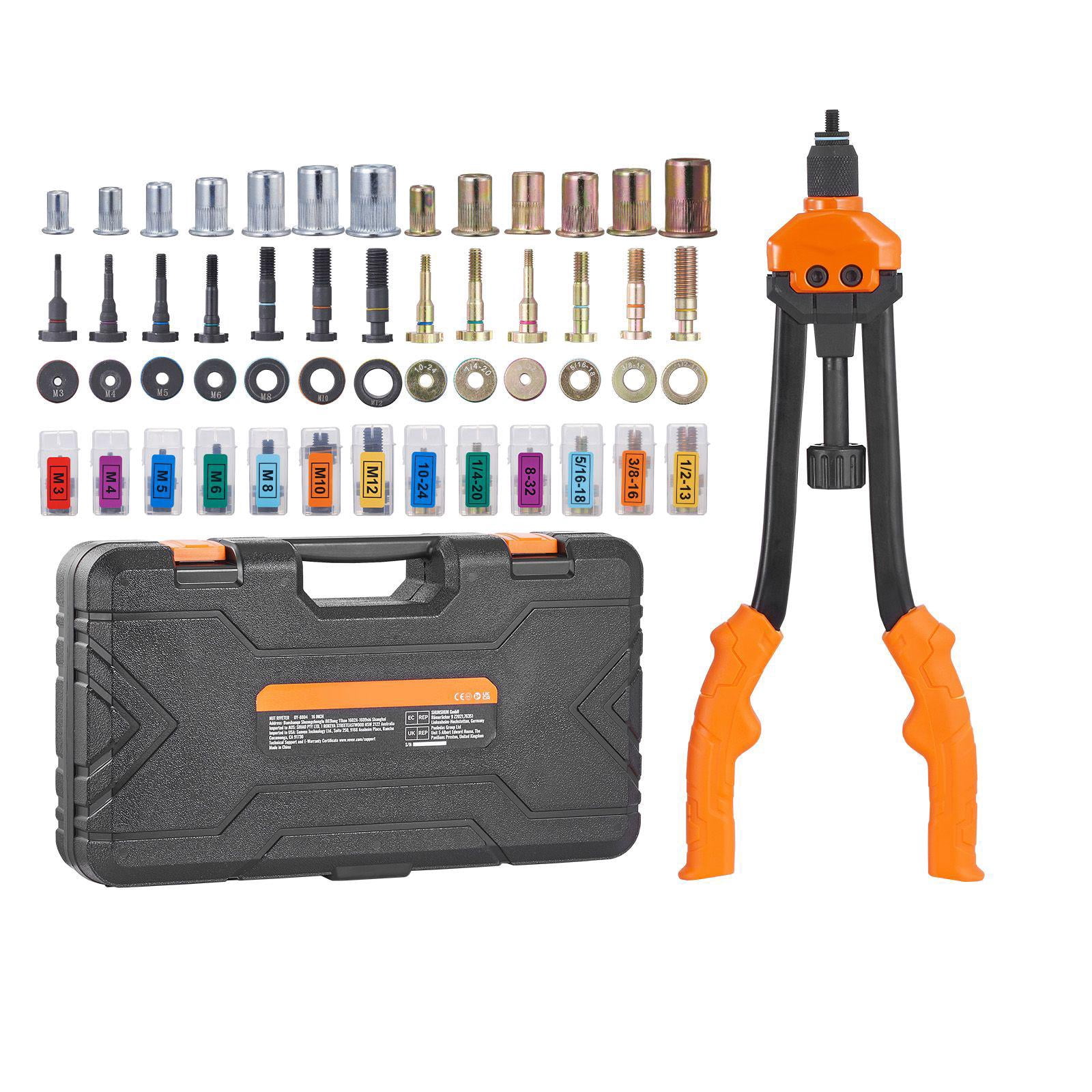 16" Rivet Nut Tool Kit with 13 Metric SAE Mandrels and 186 Rivet Nuts M3 M4 M5 M6 M8 M10 M12 1/4-20 5/16-18 3/8-16 1/2-13 8-32 10-24 in Carrying Case