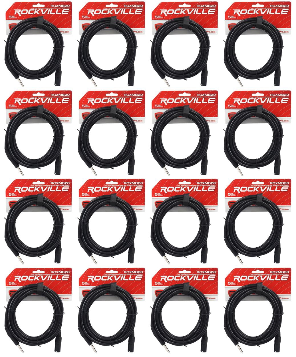 16 Rockville RCXMB20-B Black 20' Male REAN XLR to 1/4'' TRS Balanced Cables