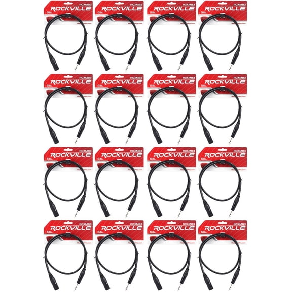 16 Rockville RCXMB3-B Black 3' Male REAN XLR to 1/4'' TRS Balanced Cables
