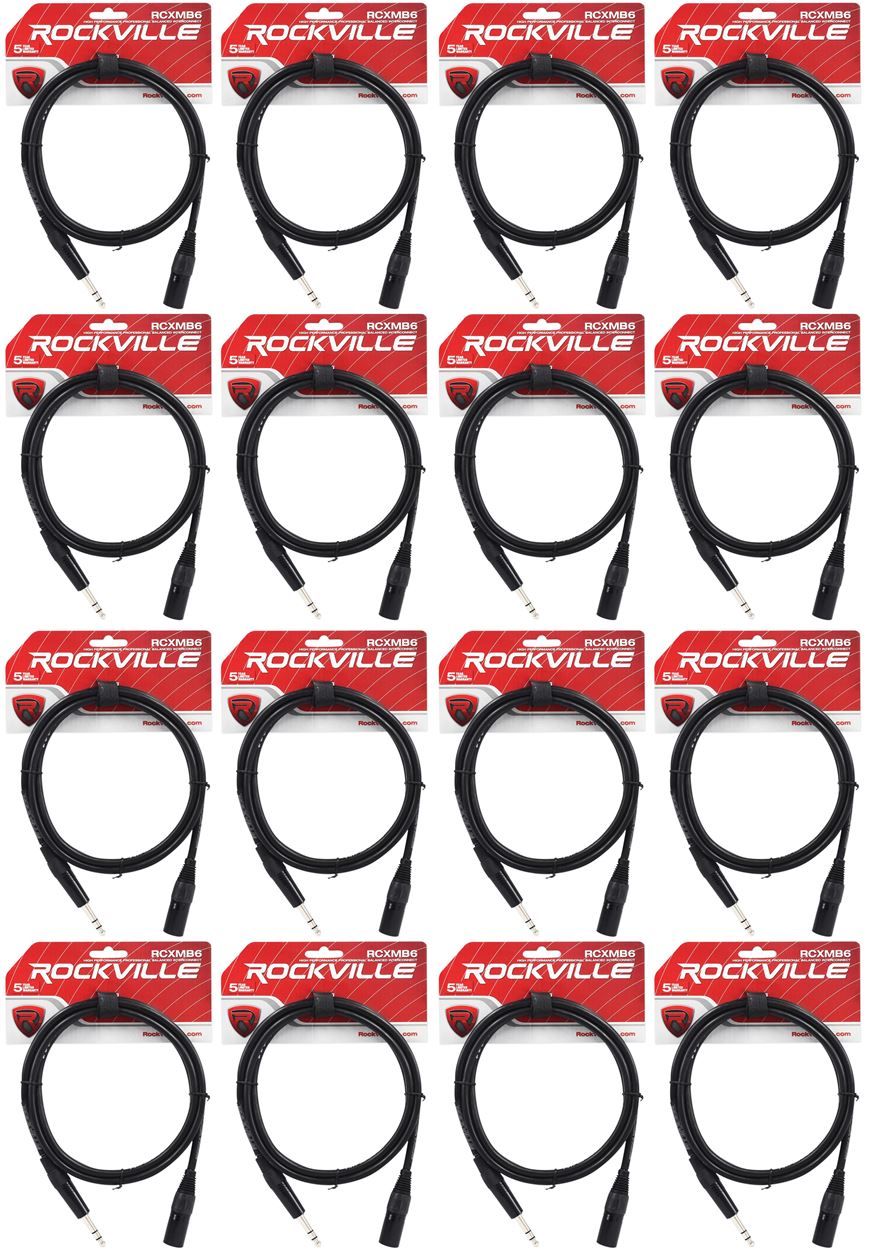 16 Rockville RCXMB6-B Black 6' Male REAN XLR to 1/4'' TRS Balanced Cables