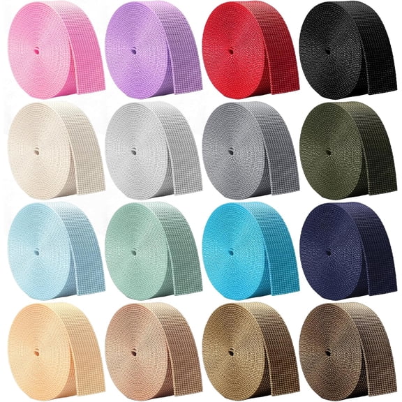 16 Rolls 1 Inch Wide Heavy Cotton Webbing Strap 3.3 Yard 16 Colors Polyester Webbing Strap for DIY Making Bag Handles, Crafting Gear Repair, Pet Leash, Backpack, Gardening Accessories