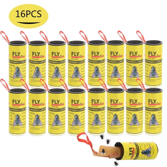 16 Rolls Fly Paper Strips, Fly Strips Sticky Fly Trap Indoor Outdoor Hanging Fly Ribbon Tape Paper Flying Insect Trap Gnat Killer Traps for Fruit Flies, Bug, Insect, Pest (Yellow)