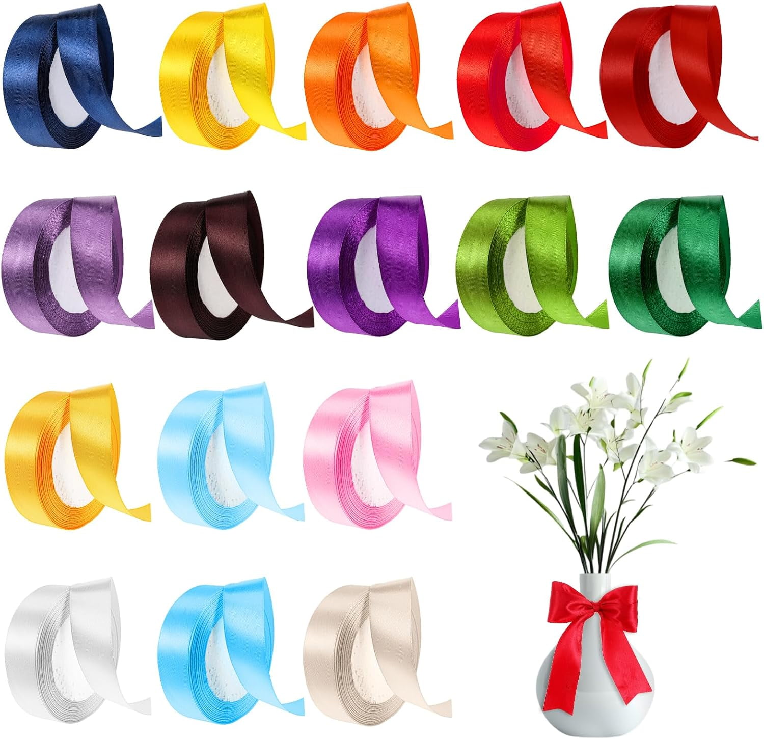 16 Rolls Satin Ribbon, Single Face Solid Color Fabric Ribbon Bulk, 25 Yard per Roll in 1 Inch Wide, Assorted Ribbon Perfect for Gift Wrapping/Christmas/Wedding Favors/Party Decorations
