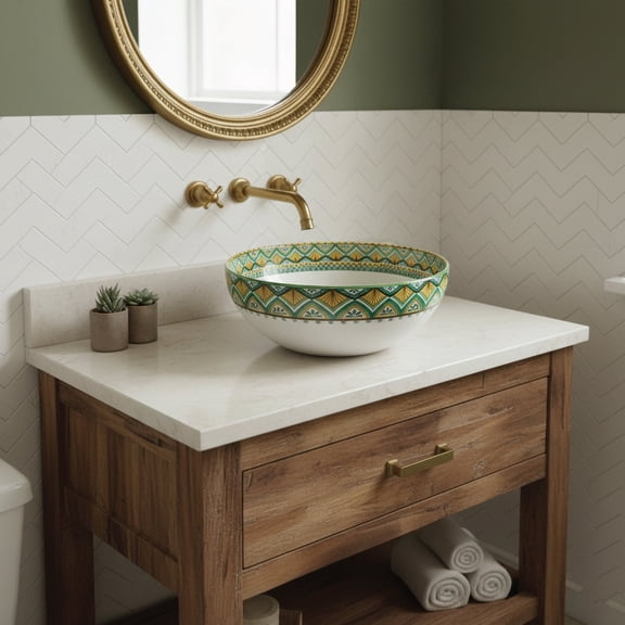 16" Round Artistic Ceramic Vessel Sink – Glossy Above-Counter Basin with Hand-Inspired Printed Pattern