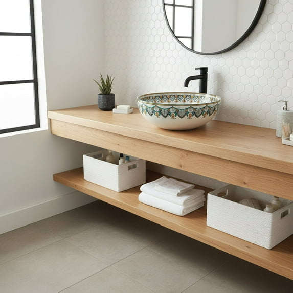 16" Round Artistic Ceramic Vessel Sink – Glossy Above-Counter Basin with Hand-Inspired Printed Pattern