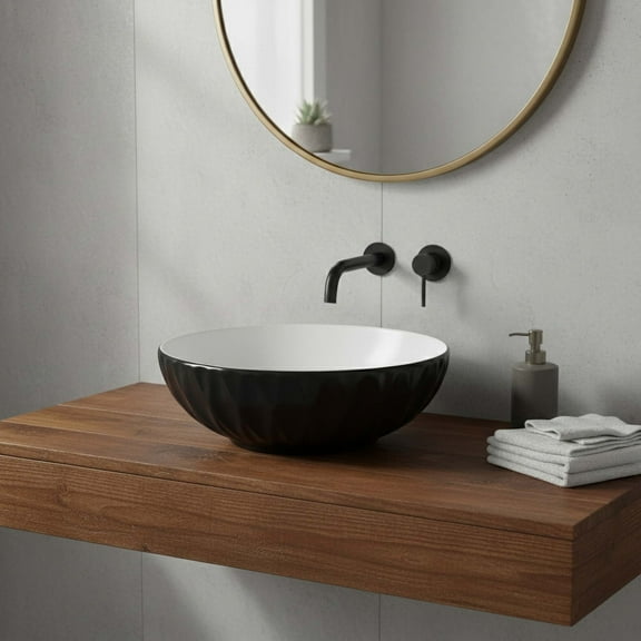 16" Round Ceramic Vessel Bathroom Sink – Modern Textured Bowl Design in Black