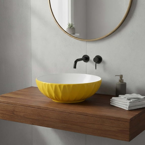 16" Round Ceramic Vessel Bathroom Sink – Modern Textured Bowl Design in Yellow
