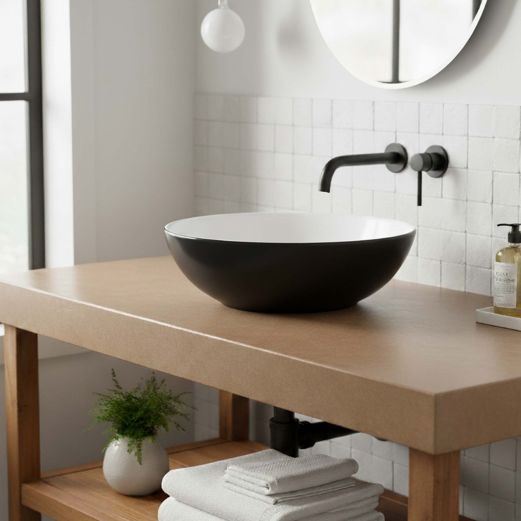 16" Round Ceramic Vessel Bathroom Sink – Modern Textured Interior Bowl Design in Black
